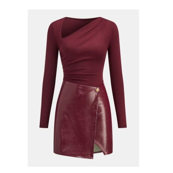 Commense Dresses & Skirts - NWT Commense Red Faux Leather Paneled Knit Mini Dress Size Large Asymmetric Neck